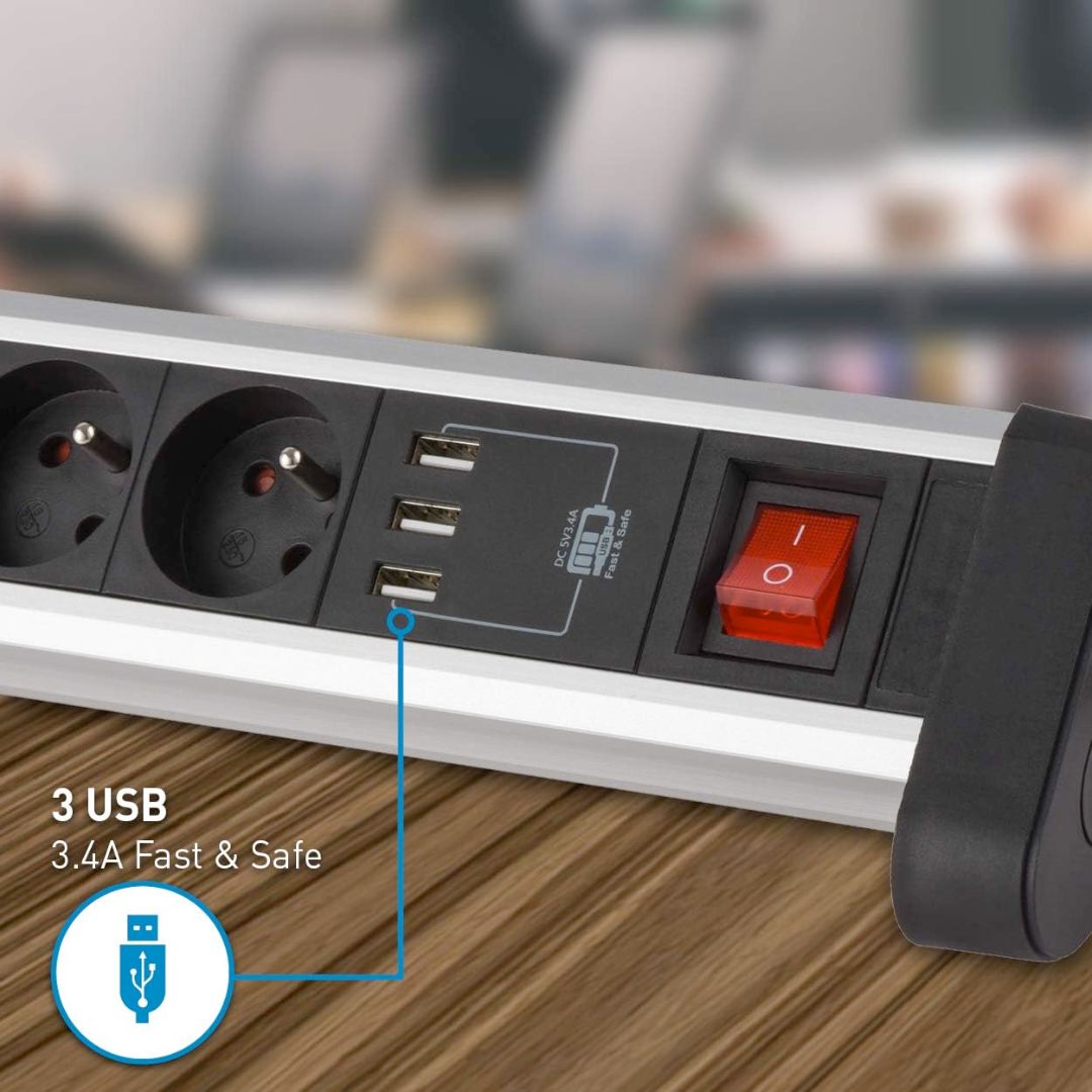 Multiprise blindée contre les champs électromagnétiques noire 3 prises + 3 ports USB 3.0